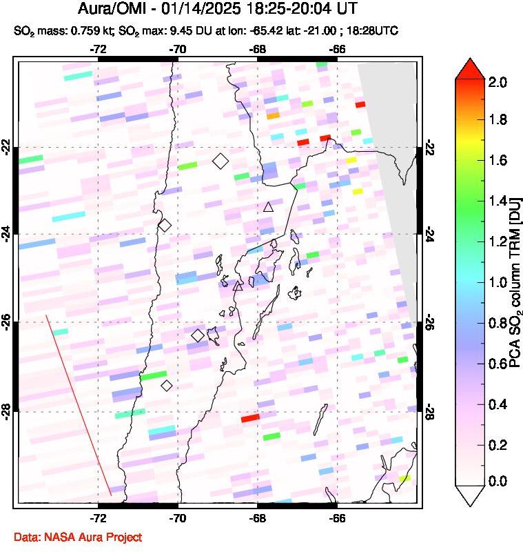 A sulfur dioxide image over Northern Chile on Jan 14, 2025.