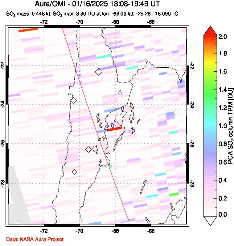 A sulfur dioxide image over Northern Chile on Jan 16, 2025.