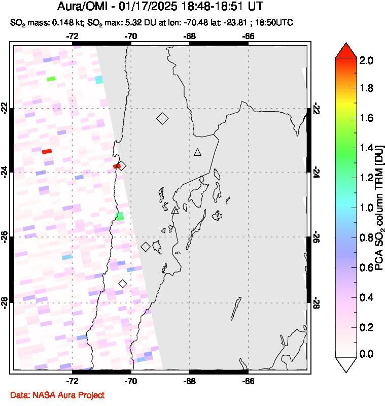 A sulfur dioxide image over Northern Chile on Jan 17, 2025.