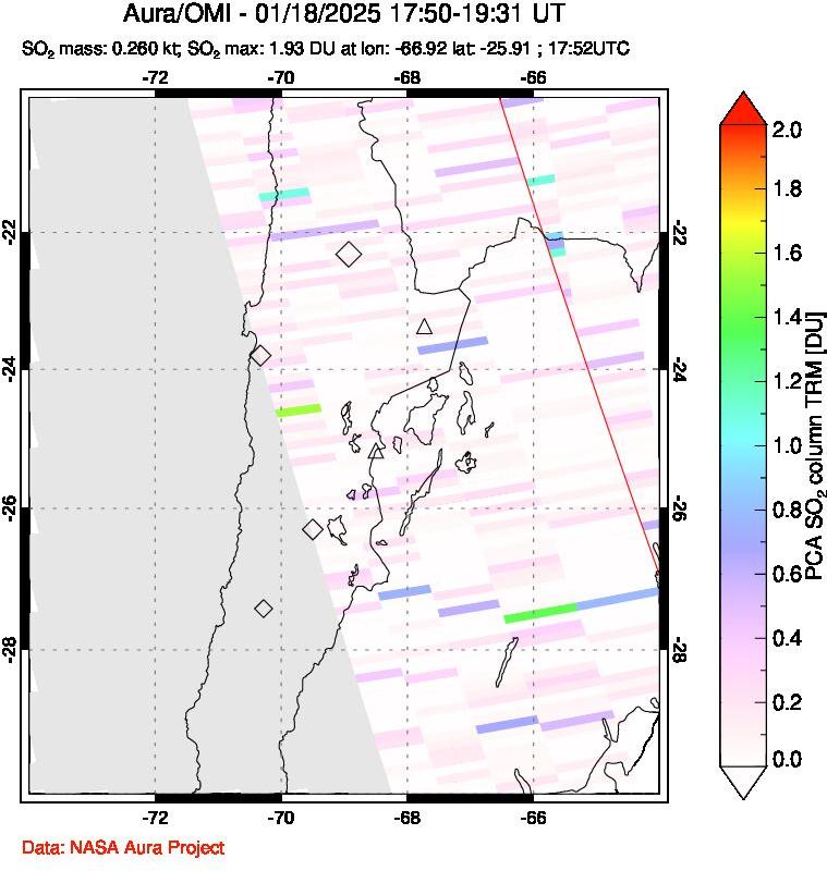 A sulfur dioxide image over Northern Chile on Jan 18, 2025.