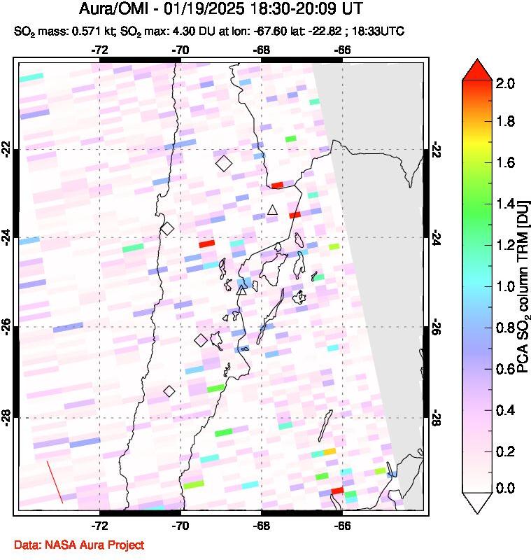 A sulfur dioxide image over Northern Chile on Jan 19, 2025.