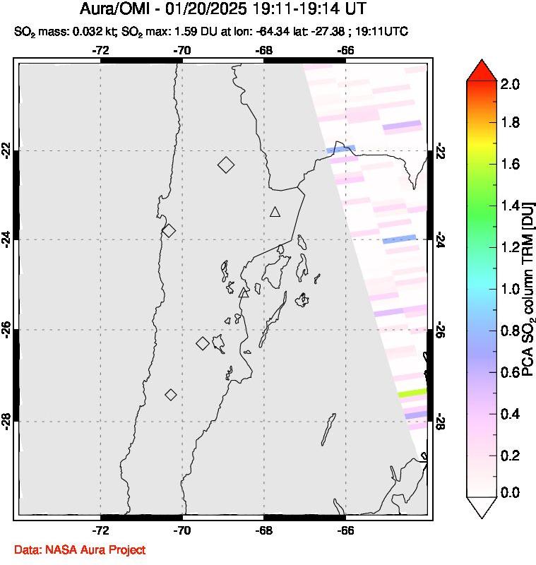 A sulfur dioxide image over Northern Chile on Jan 20, 2025.