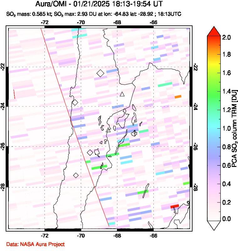 A sulfur dioxide image over Northern Chile on Jan 21, 2025.