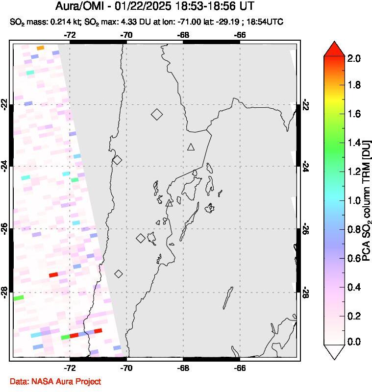 A sulfur dioxide image over Northern Chile on Jan 22, 2025.