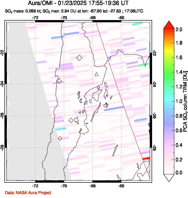 A sulfur dioxide image over Northern Chile on Jan 23, 2025.