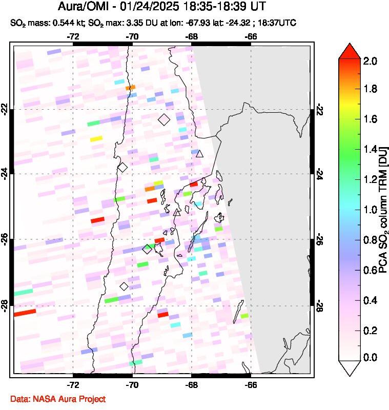 A sulfur dioxide image over Northern Chile on Jan 24, 2025.