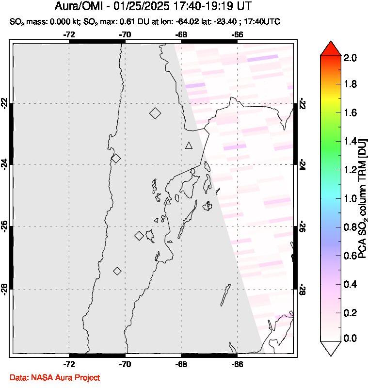 A sulfur dioxide image over Northern Chile on Jan 25, 2025.