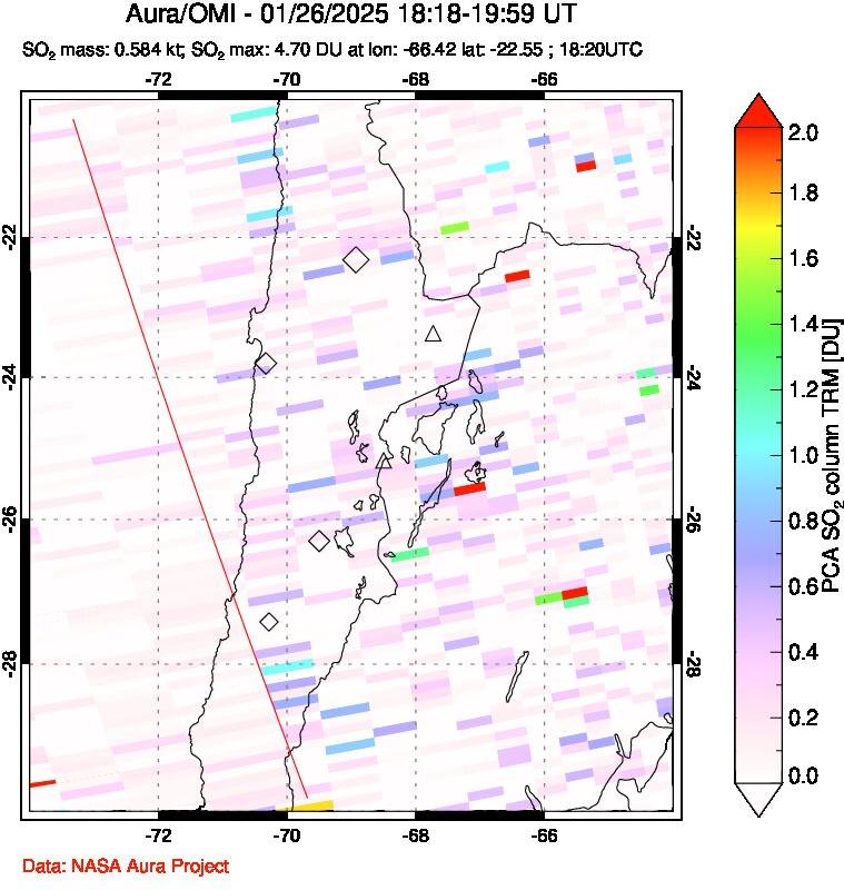 A sulfur dioxide image over Northern Chile on Jan 26, 2025.