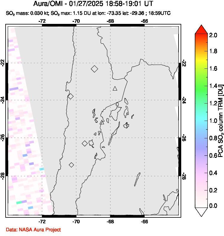 A sulfur dioxide image over Northern Chile on Jan 27, 2025.