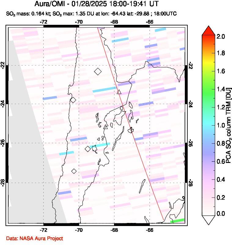 A sulfur dioxide image over Northern Chile on Jan 28, 2025.