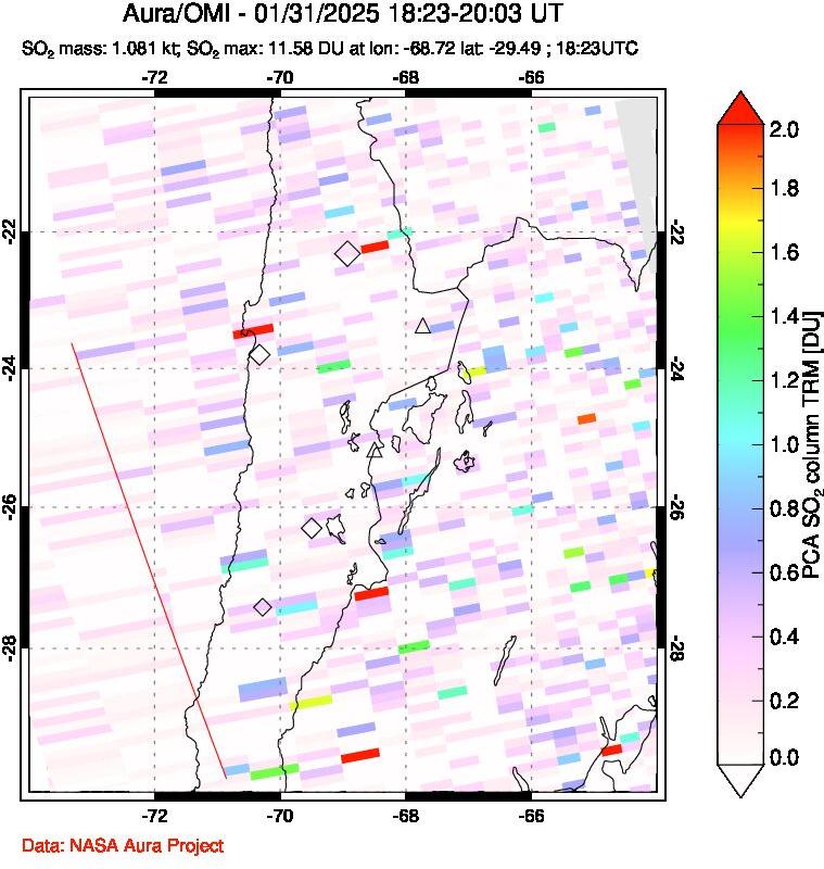 A sulfur dioxide image over Northern Chile on Jan 31, 2025.