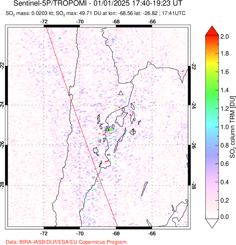 A sulfur dioxide image over Northern Chile on Jan 01, 2025.