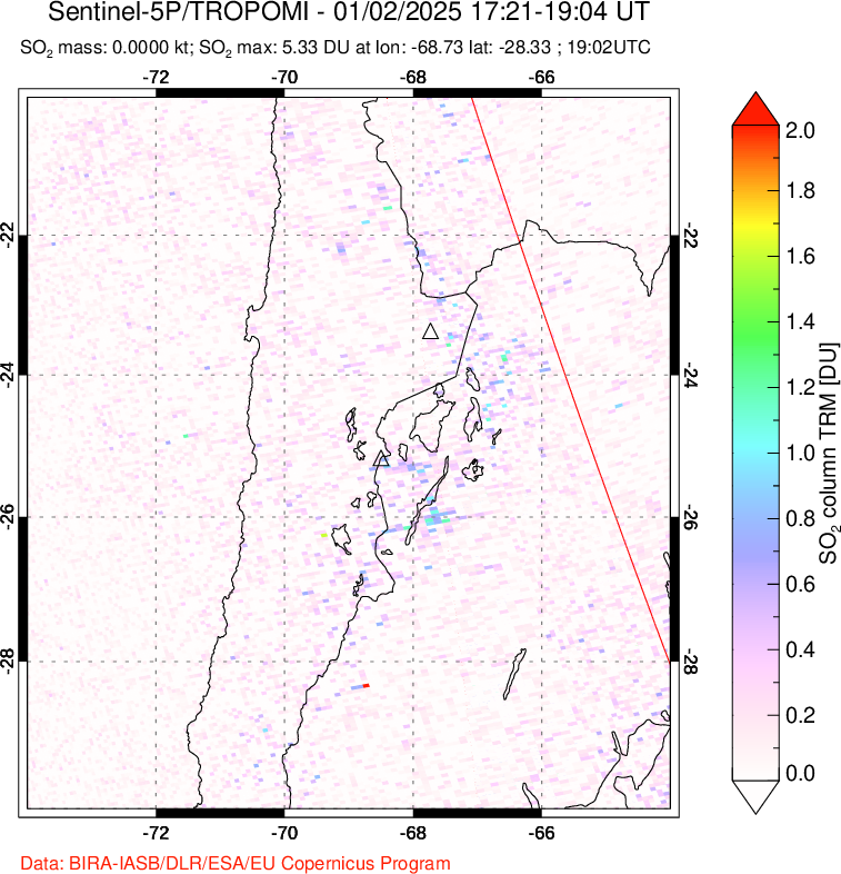 A sulfur dioxide image over Northern Chile on Jan 02, 2025.