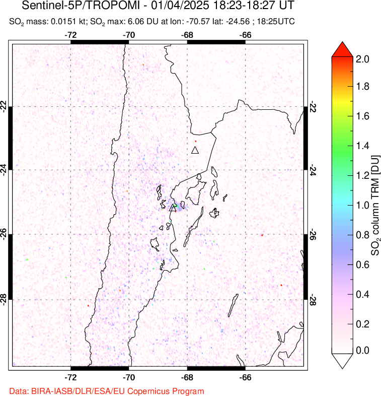 A sulfur dioxide image over Northern Chile on Jan 04, 2025.