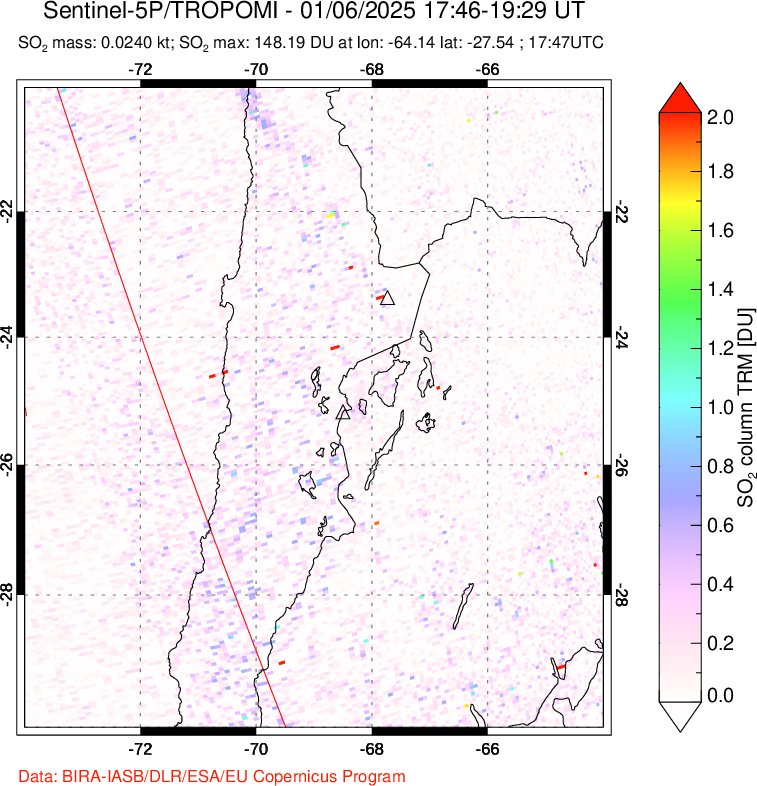 A sulfur dioxide image over Northern Chile on Jan 06, 2025.