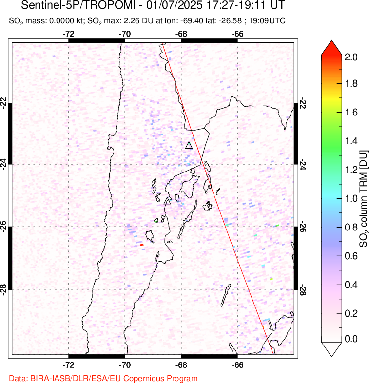 A sulfur dioxide image over Northern Chile on Jan 07, 2025.