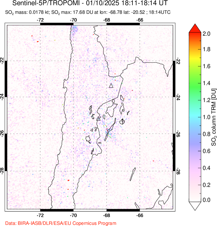 A sulfur dioxide image over Northern Chile on Jan 10, 2025.