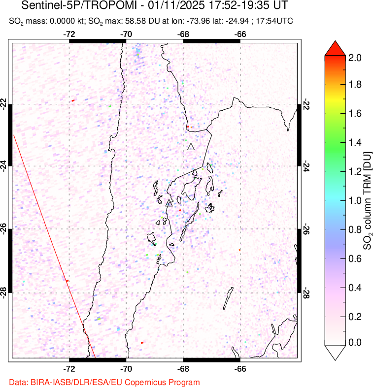 A sulfur dioxide image over Northern Chile on Jan 11, 2025.