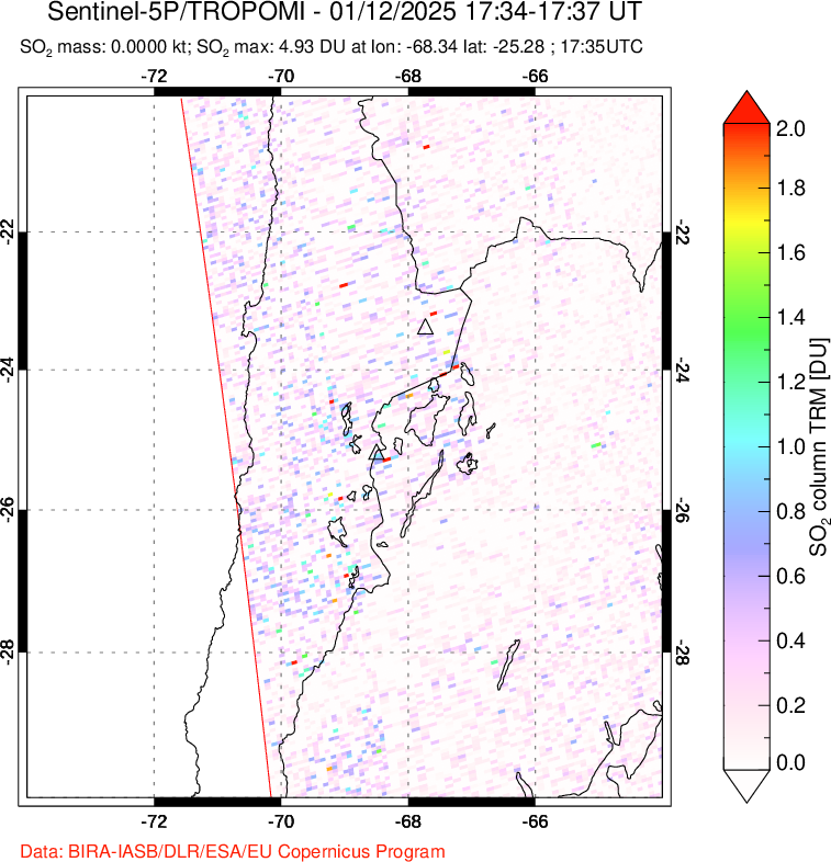 A sulfur dioxide image over Northern Chile on Jan 12, 2025.