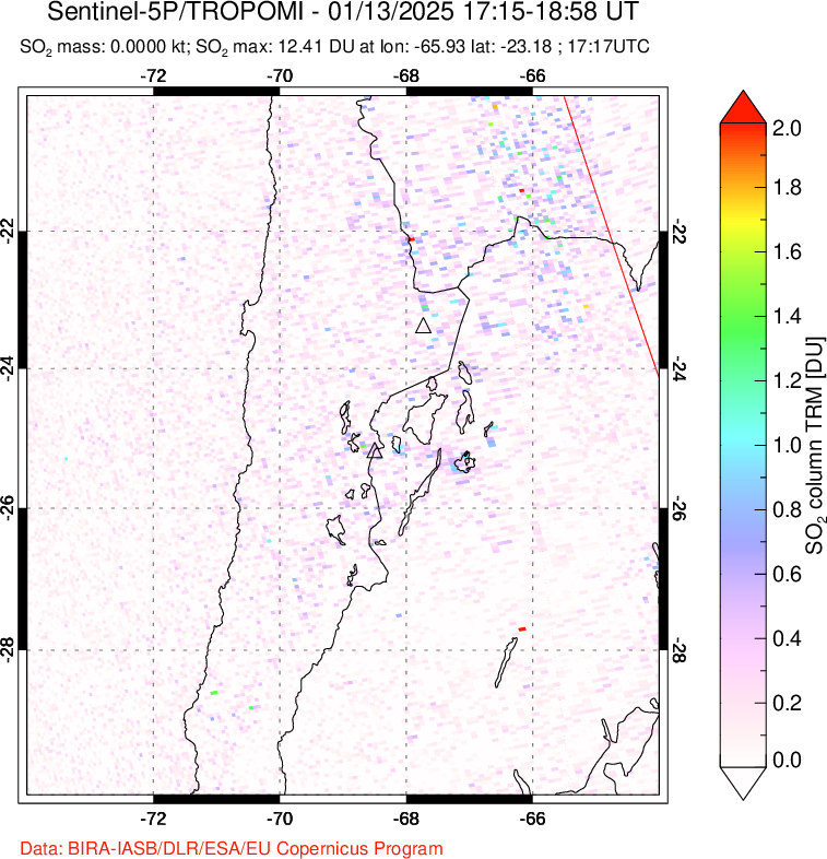 A sulfur dioxide image over Northern Chile on Jan 13, 2025.