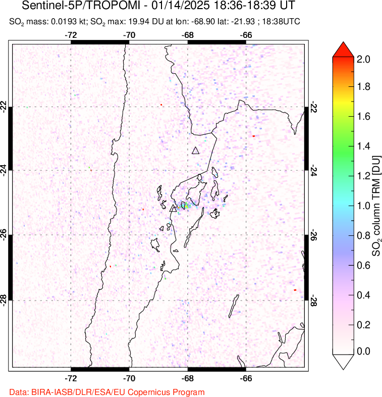 A sulfur dioxide image over Northern Chile on Jan 14, 2025.