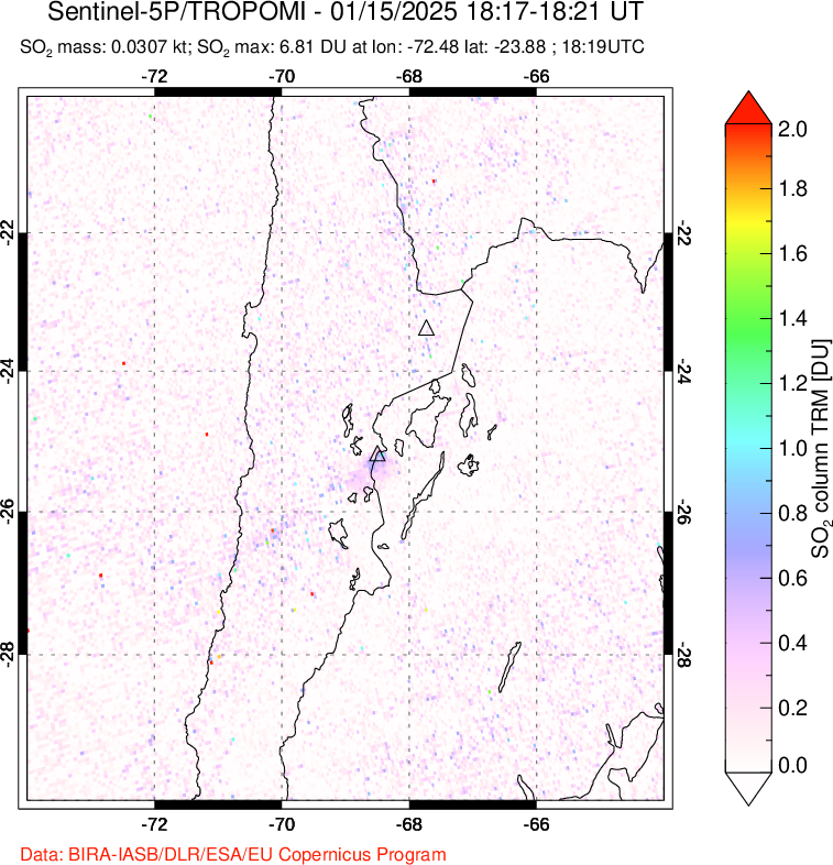 A sulfur dioxide image over Northern Chile on Jan 15, 2025.