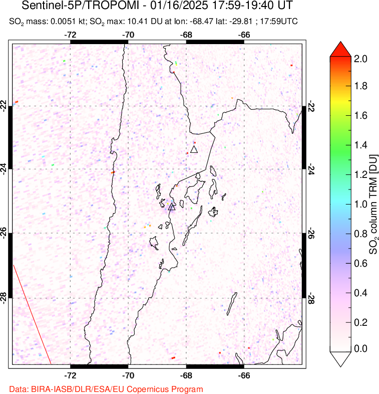 A sulfur dioxide image over Northern Chile on Jan 16, 2025.