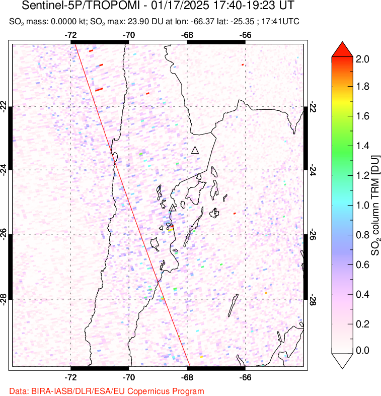 A sulfur dioxide image over Northern Chile on Jan 17, 2025.