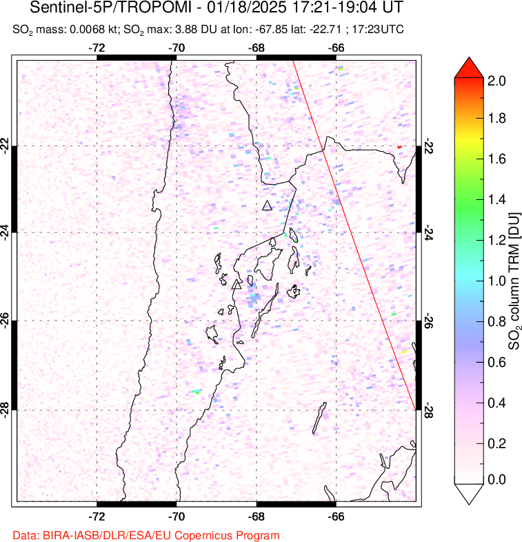 A sulfur dioxide image over Northern Chile on Jan 18, 2025.