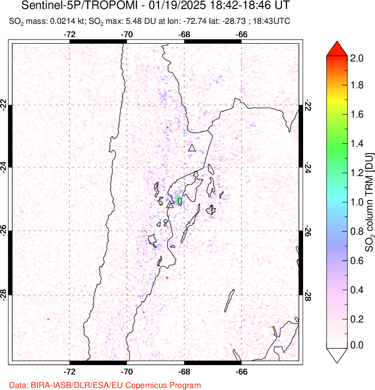 A sulfur dioxide image over Northern Chile on Jan 19, 2025.