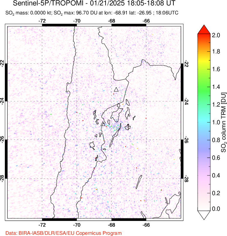 A sulfur dioxide image over Northern Chile on Jan 21, 2025.