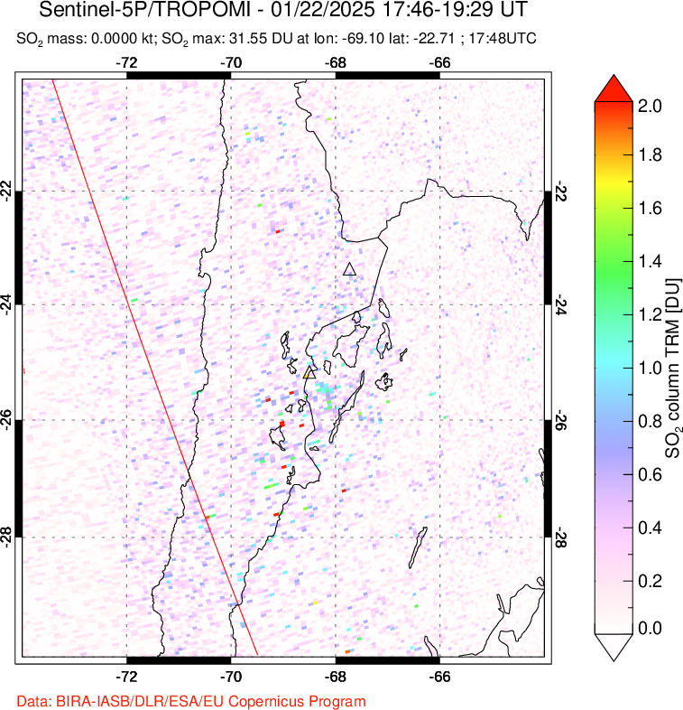 A sulfur dioxide image over Northern Chile on Jan 22, 2025.