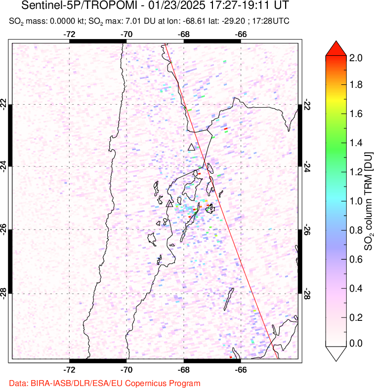 A sulfur dioxide image over Northern Chile on Jan 23, 2025.