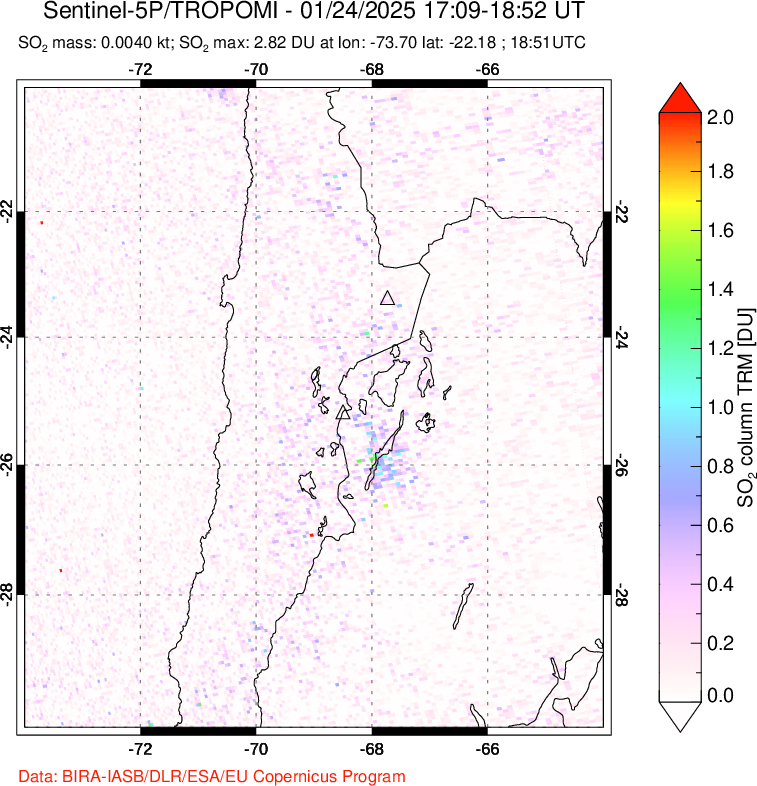 A sulfur dioxide image over Northern Chile on Jan 24, 2025.