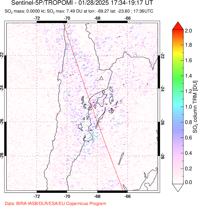 A sulfur dioxide image over Northern Chile on Jan 28, 2025.