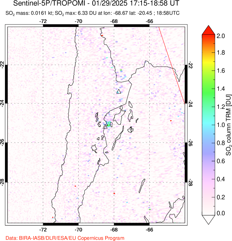 A sulfur dioxide image over Northern Chile on Jan 29, 2025.