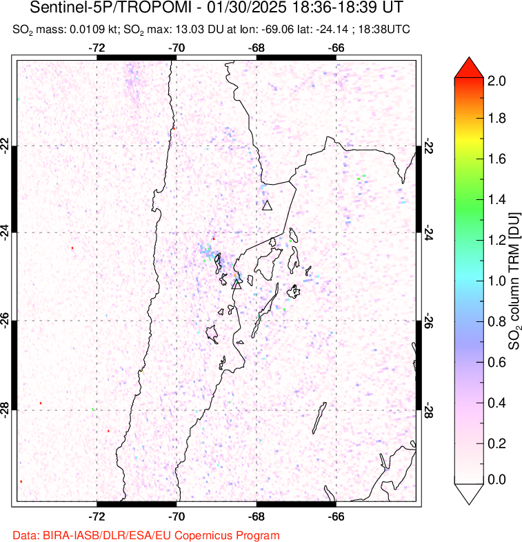 A sulfur dioxide image over Northern Chile on Jan 30, 2025.