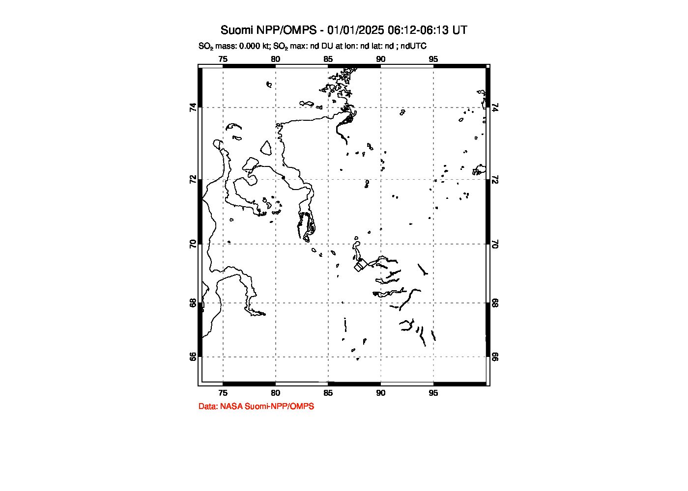 A sulfur dioxide image over Norilsk, Russian Federation on Jan 01, 2025.