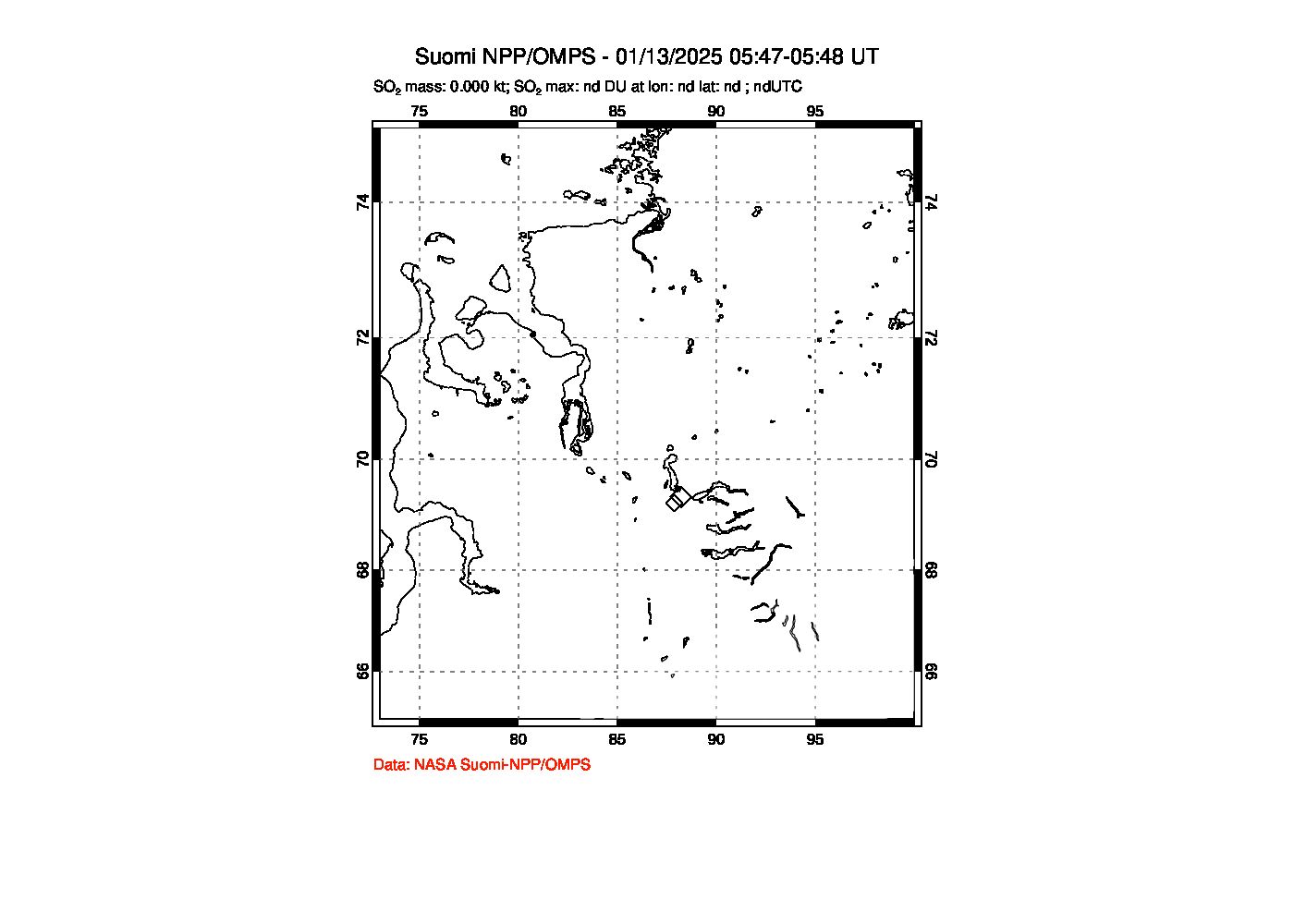 A sulfur dioxide image over Norilsk, Russian Federation on Jan 13, 2025.