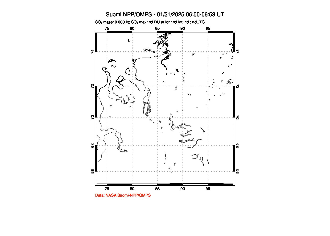 A sulfur dioxide image over Norilsk, Russian Federation on Jan 31, 2025.