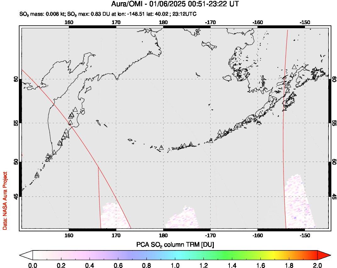 A sulfur dioxide image over North Pacific on Jan 06, 2025.