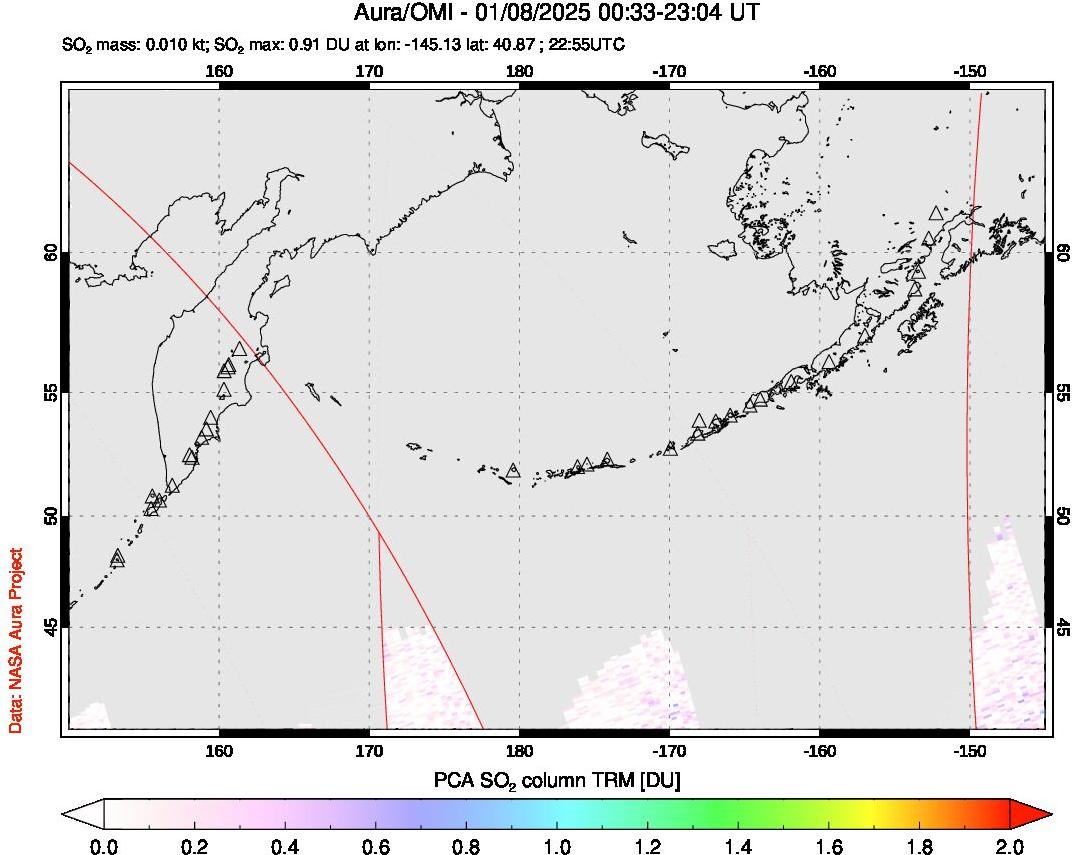 A sulfur dioxide image over North Pacific on Jan 08, 2025.