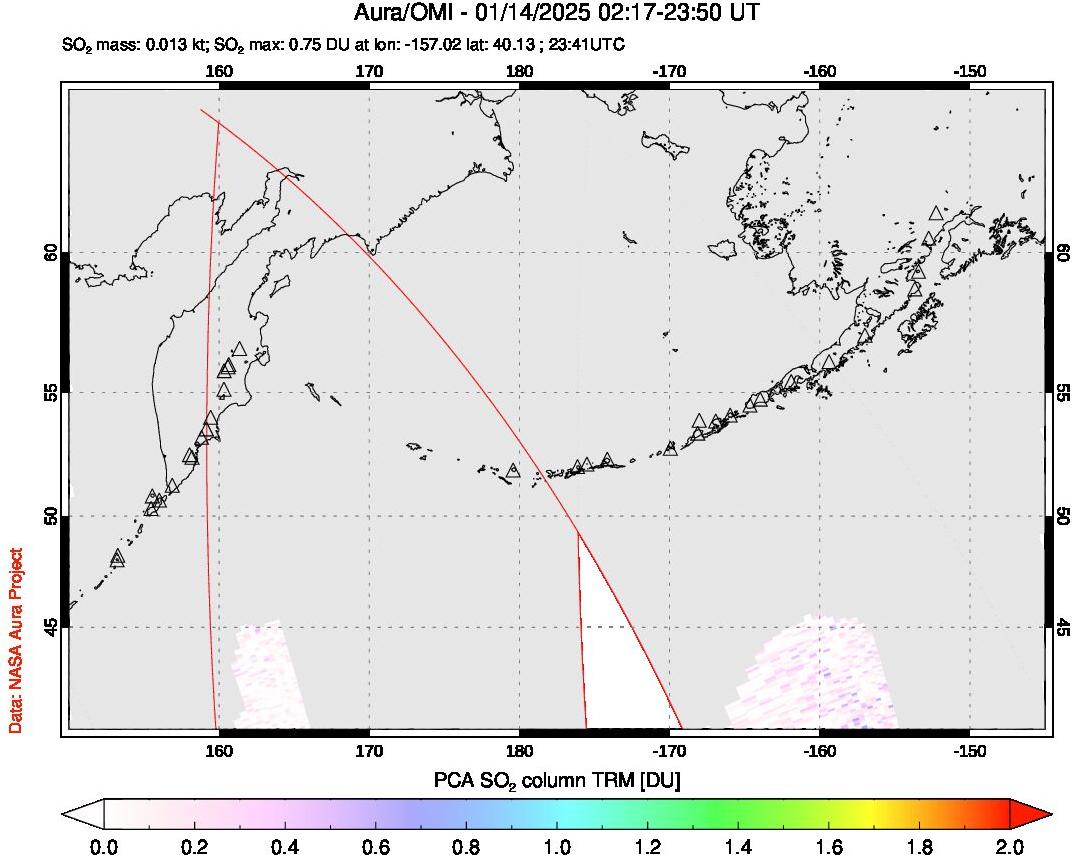 A sulfur dioxide image over North Pacific on Jan 14, 2025.