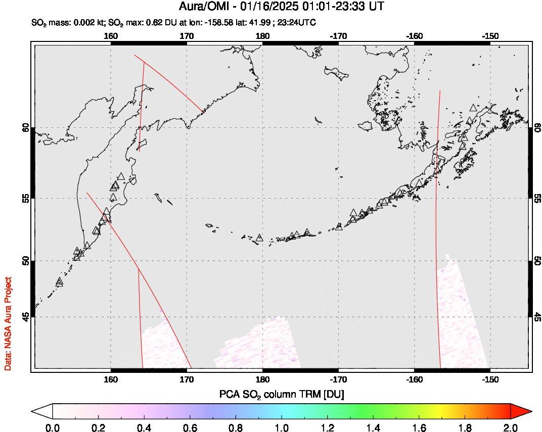 A sulfur dioxide image over North Pacific on Jan 16, 2025.