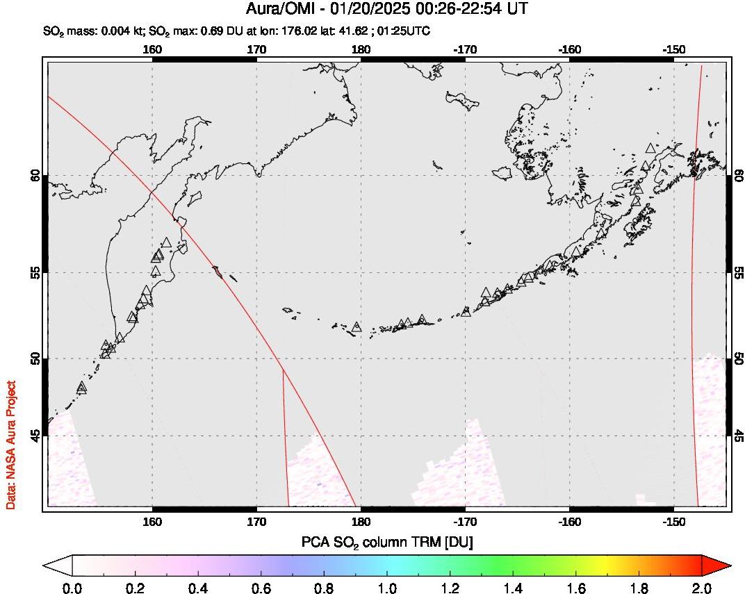 A sulfur dioxide image over North Pacific on Jan 20, 2025.