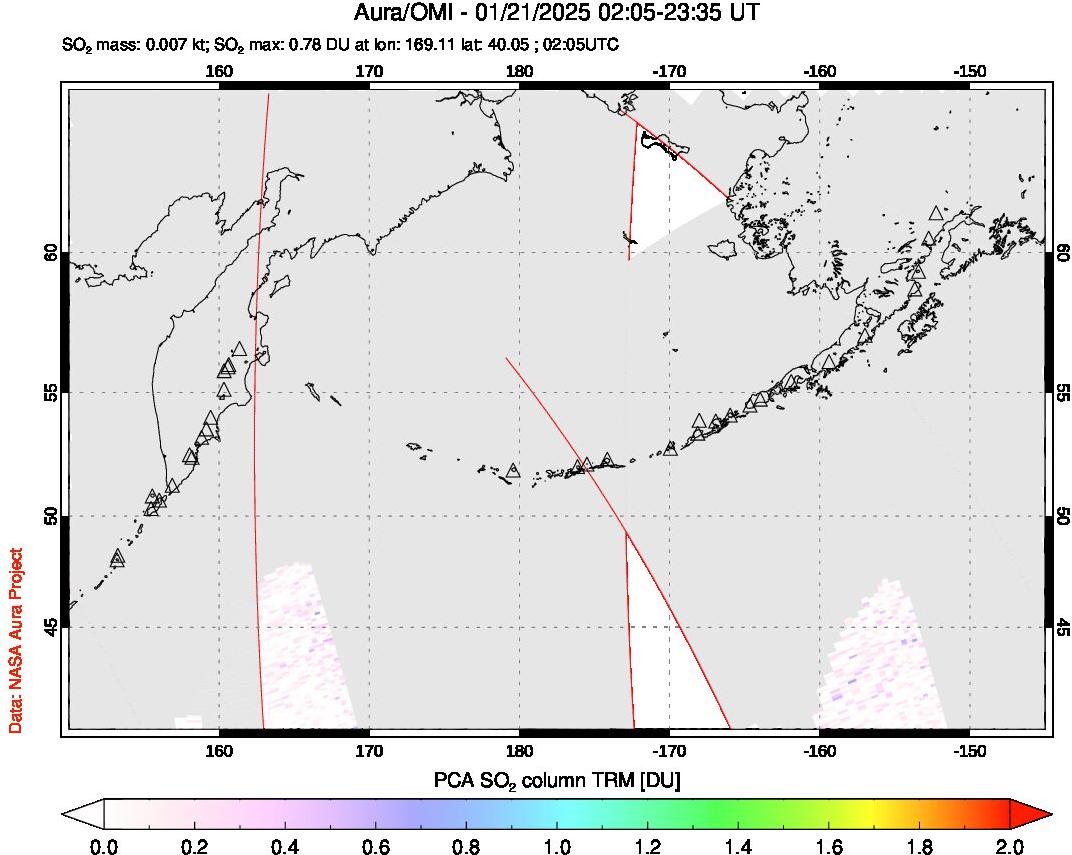 A sulfur dioxide image over North Pacific on Jan 21, 2025.