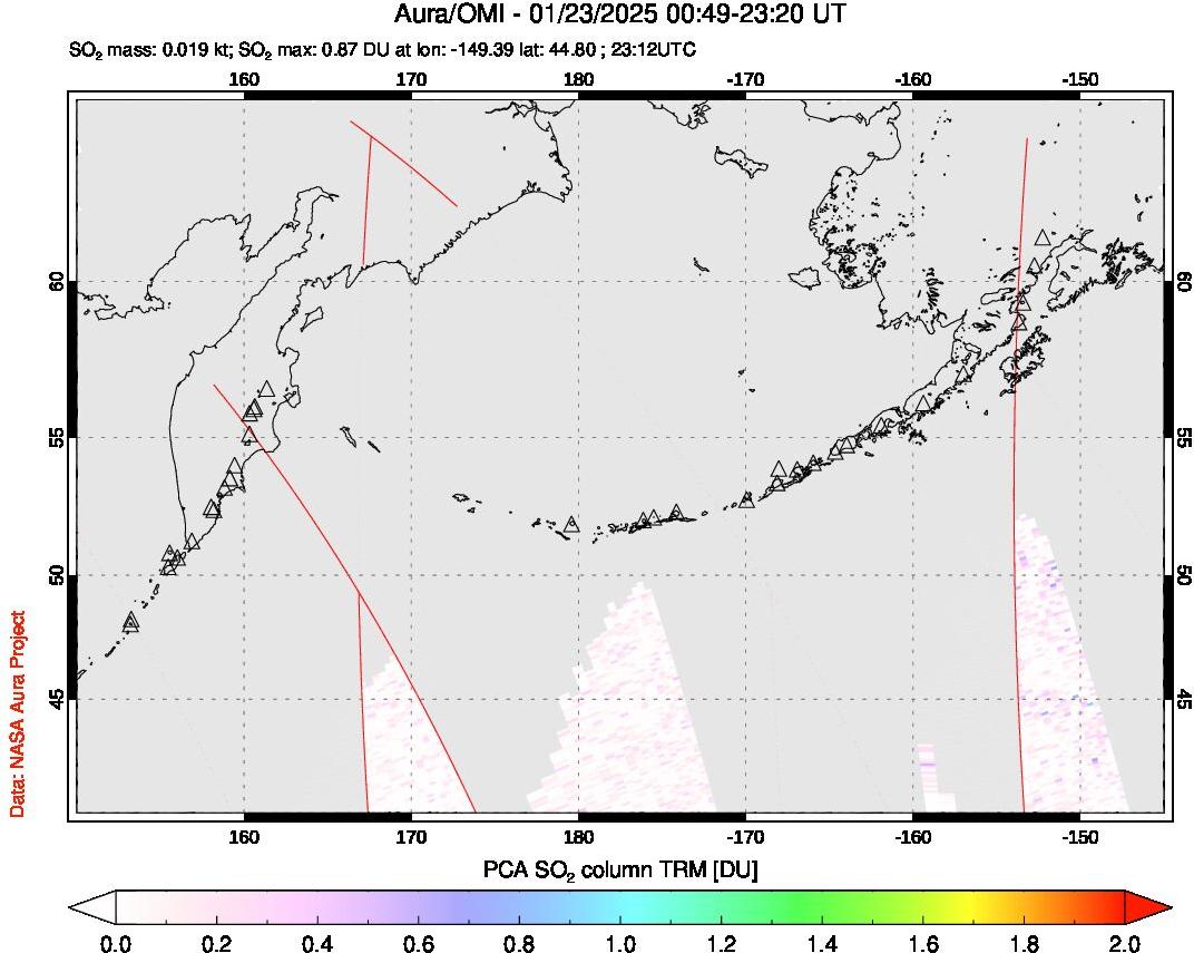 A sulfur dioxide image over North Pacific on Jan 23, 2025.