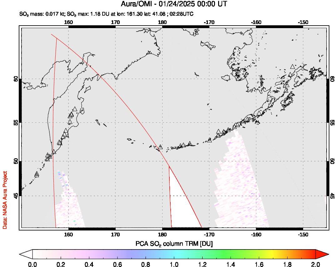 A sulfur dioxide image over North Pacific on Jan 24, 2025.