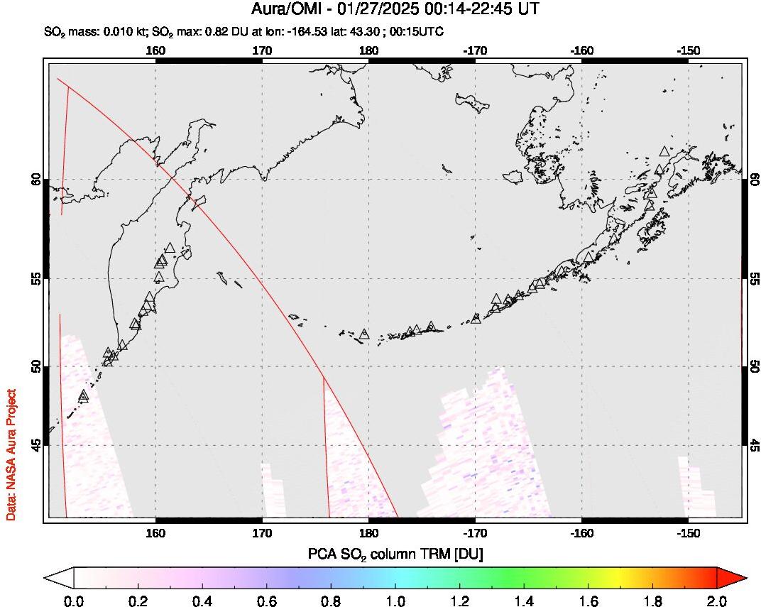 A sulfur dioxide image over North Pacific on Jan 27, 2025.