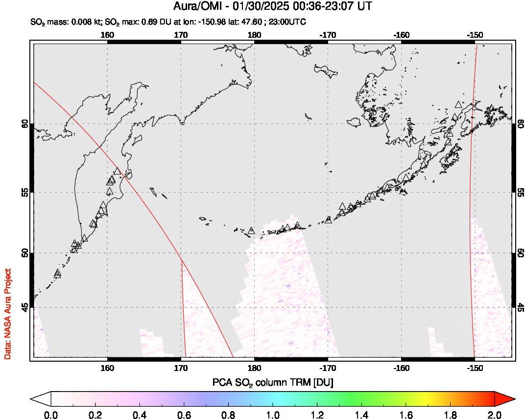 A sulfur dioxide image over North Pacific on Jan 30, 2025.